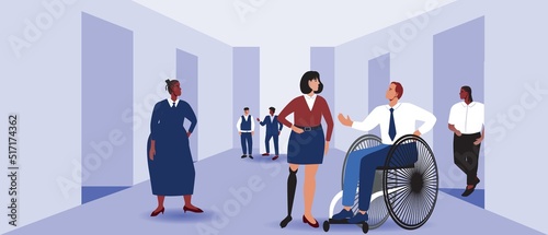 Inclusive group of people in business, flat vector stock illustration as concept of Conferences and networking with disabled person and businesswoman with prosthetic leg