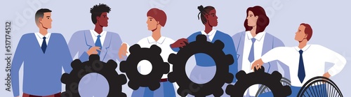People with gears as strength in numbers, teamwork, flat vector stock illustration as concept of networking
