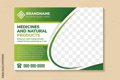 medicines and natural products banner design template. poster design with space of photo and text. horizontal print ready. Combination of multicolored green gradient element and white background