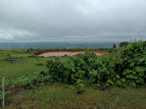 Scenic view of small pond full of brown color water in the middle of the farmland or agricultural filed, picture captured during monsoon season at sateri hills , Maharashtra, India.