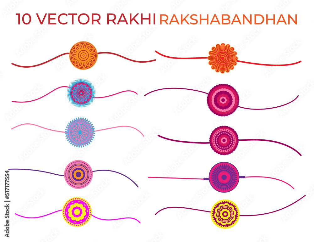 Φωτογραφία Set of 10 vector Rakhi for Indian festival of Rakshabandhan, 10 decorative rakhi
