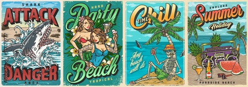 Beach party set colorful posters