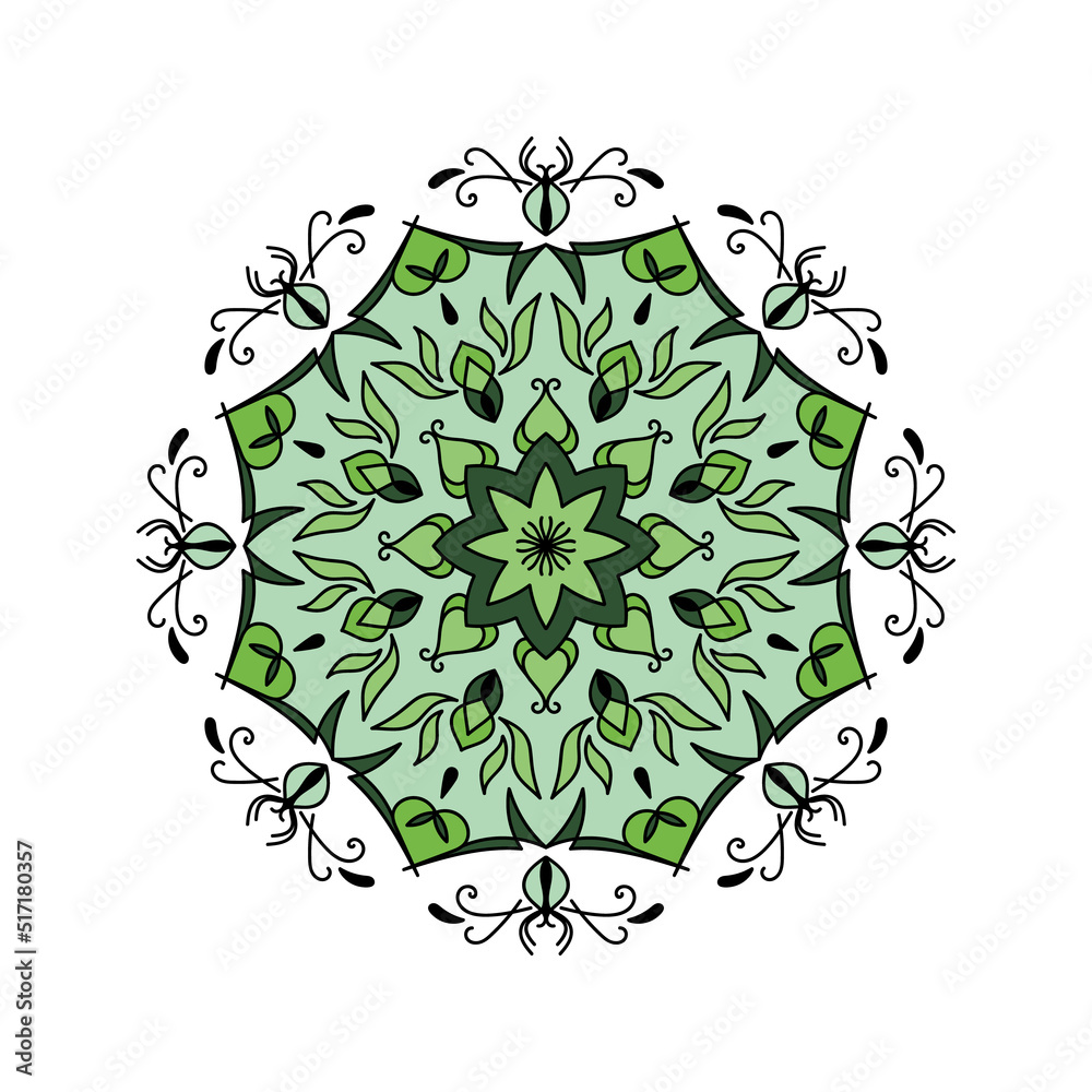 Green Mandala print for adult coloring book. Decorative round floral ornament. Oriental vector illustration, anti stress therapy, design or decor for yoga and meditation. Geometric flower shape.