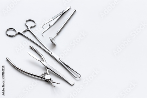 Medical steel equipment tools for surgery or dentistry. Healthcare background