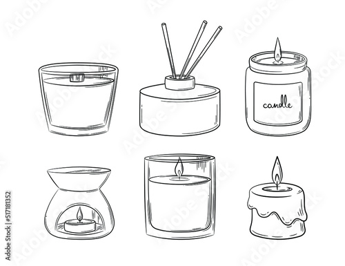 A set of diffuser and wax candles with a wick in a glass holder with a wooden lid. Sketch in doodle style. Air freshener and candles in a jar drawn in a sketch style. Isolated vector illustration.