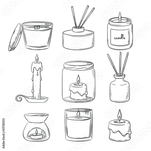 A set of diffuser and wax candles with a wick in a glass holder with a wooden lid. Sketch in doodle style. Air freshener and candles in a jar drawn in a sketch style. Isolated vector illustration.