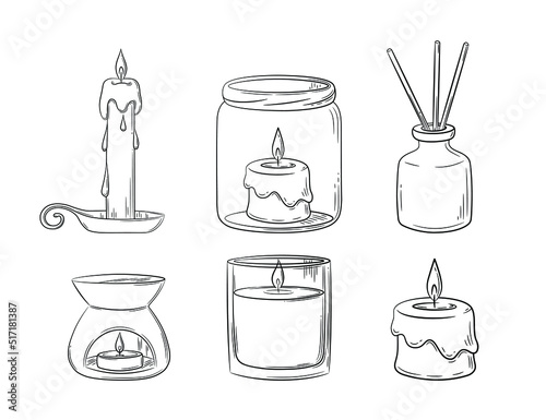 A set of diffuser and wax candles with a wick in a glass holder with a wooden lid. Sketch in doodle style. Air freshener and candles in a jar drawn in a sketch style. Isolated vector illustration.