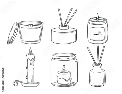 A set of diffuser and wax candles with a wick in a glass holder with a wooden lid. Sketch in doodle style. Air freshener and candles in a jar drawn in a sketch style. Isolated vector illustration.