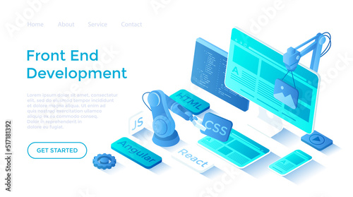 Frontend Development, Creating a site layout, template. Converting data into a graphical UI UX interface. Web development, design. Landing page template for web on white background.