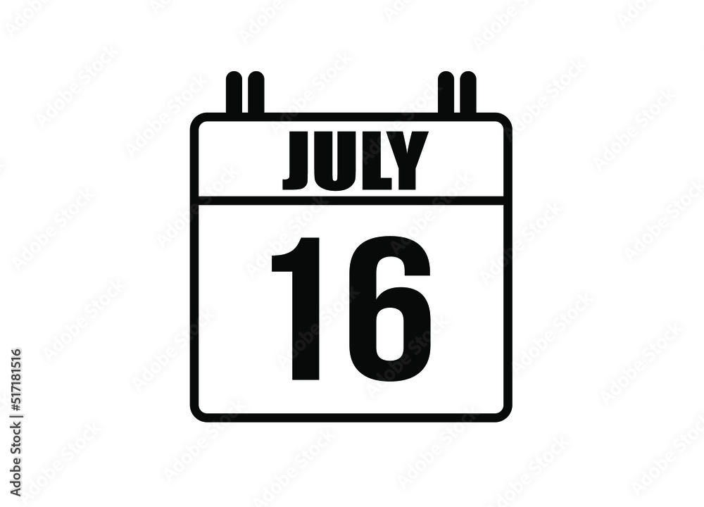 16 july calendar. Simple calendar page for the month of July. Black vector on white background.