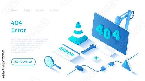 404 Error Page not found. Internet connection problem. Electric plug socket unplug disconnection. Landing page template for web on white background.