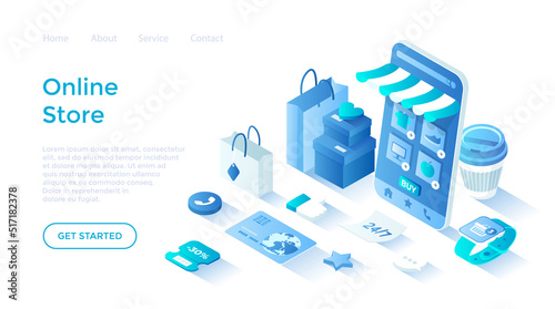 Online Store Shop. Mobile application. Internet shopping, e-commerce, 24 hour service. Online ordering of groceries. Landing page template for web on white background.