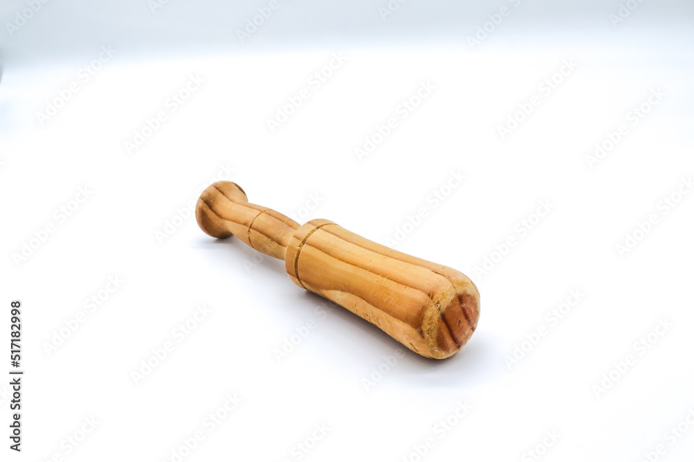 wooden mortar on white background