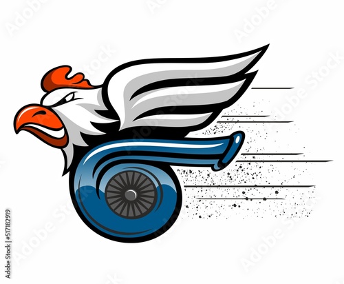 Cartoon image of a chicken riding a turbo engine. Isolated on white background.