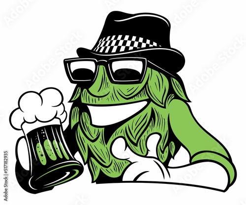Cartoon style hop cone character in the hat, holding the beer mug. Isolated on white background.