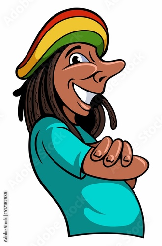 Reggae style cartoon man character with the beret and dreadlocks. Isolated on white background.