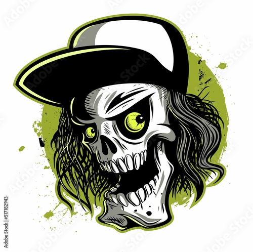 Cartoon style funny smiling human hairy skull with the baseball cap. Isolated on white background.