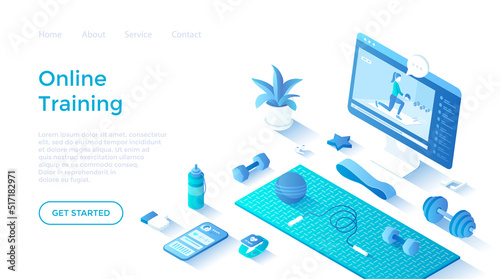 Online training, fitness, gym, workout at home, video exercises. Home sports equipment. Mobile application for tracking results. Landing page template for web on white background.