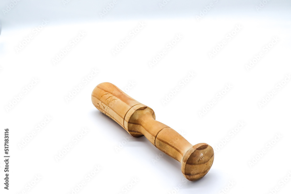 wooden mortar on white background