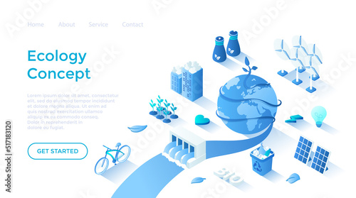 Ecology, Green city, Eco planet. Bio technology ideas. Solar panels, wind turbines, hydroelectric station, recycling, save energy. Landing page template for web on white background.