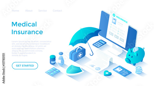 Medical Insurance. Contract document, policy, filling medical form. Life insurance, protection of health, health plan. Landing page template for web on white background.