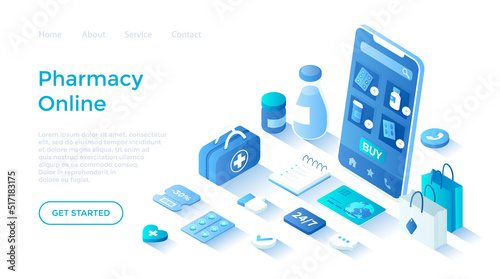 Online pharmacy, medical store. Health service, medical care app. Healthcare, doctor prescription, medicaments in drugstore. Landing page template for web on white background.