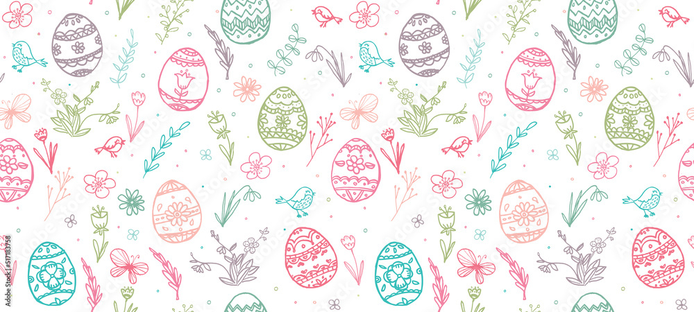 Simple and sweet Easter themed vector pattern. These hand-drawn Easter Eggs repeat seamlessly.