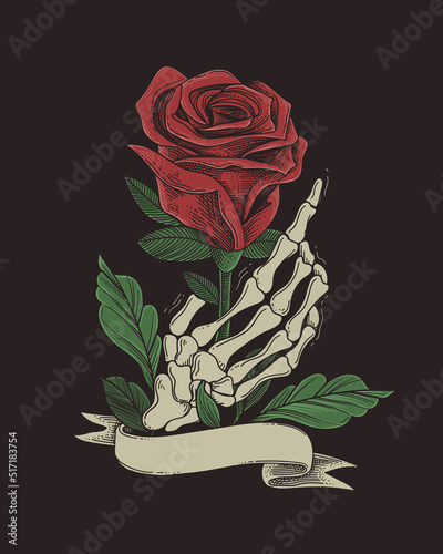 skull hand with red rose flower
