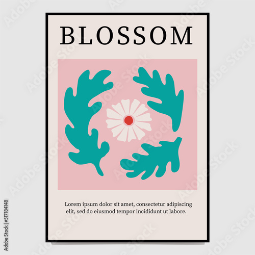 Art inspired by the work of Matisse, simplified chamomile and leaves around it. Interior poster.
