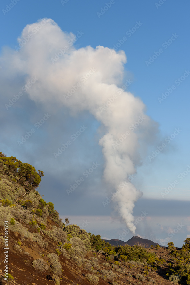 The volcanic massif of Piton de la Fournaise with active vulcano, Reunion Island, Overseas Department of the French Republic