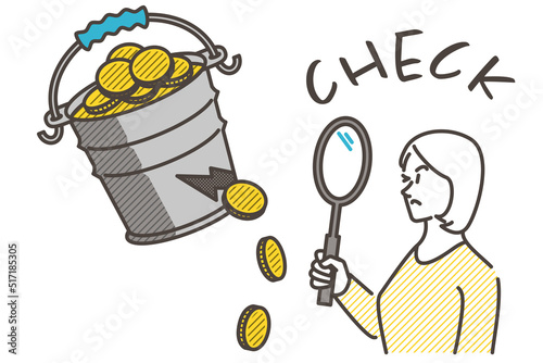 Housewife reviewing household expenditures by checking for wasteful spending [Vector illustration].