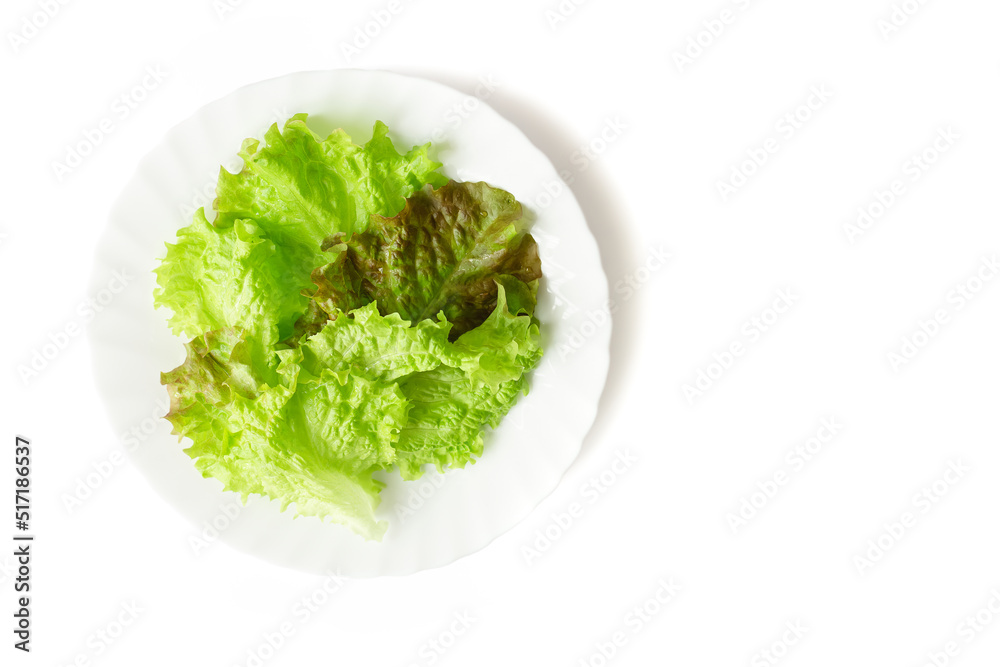 Green salad leaves in a white plate on a white background; flatlay Green salad leaves in a white plate on a white background; flatlay