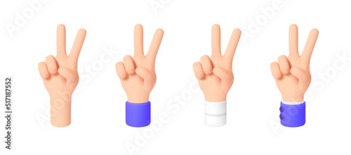 Sign of victory or peace. Gesture V. Set of 3d Cartoon Character Hand with different sleeves. Icon for Applications, Web, T-shirts, Advertising, Posters etc. isolated on white. Vector