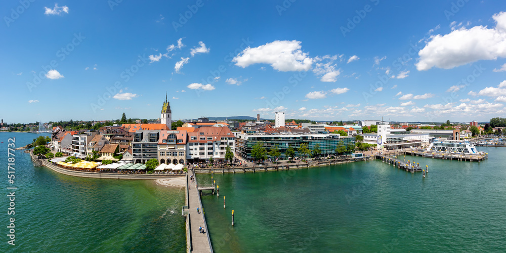 Friedrichshafen waterfront panorama with port harbor at lake Constance Bodensee travel traveling from above top view in Germany - obrazy, fototapety, plakaty 
