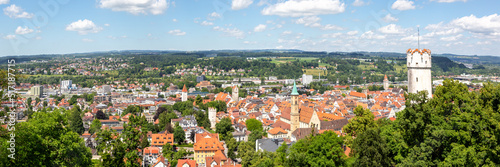 View of Ravensburg city from above with Mehlsack Turm tower and old town panorama in Germany