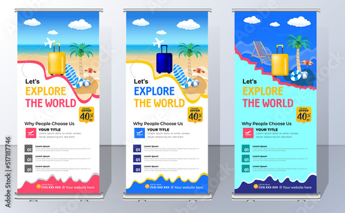 Travel Business agency Roll Up Template. Truism Standee Design Banner. Corporate digital Roll Up Banner.  Vector x Banner, Holiday x-stand Banner. Company Tours Vacation exhibition display template.