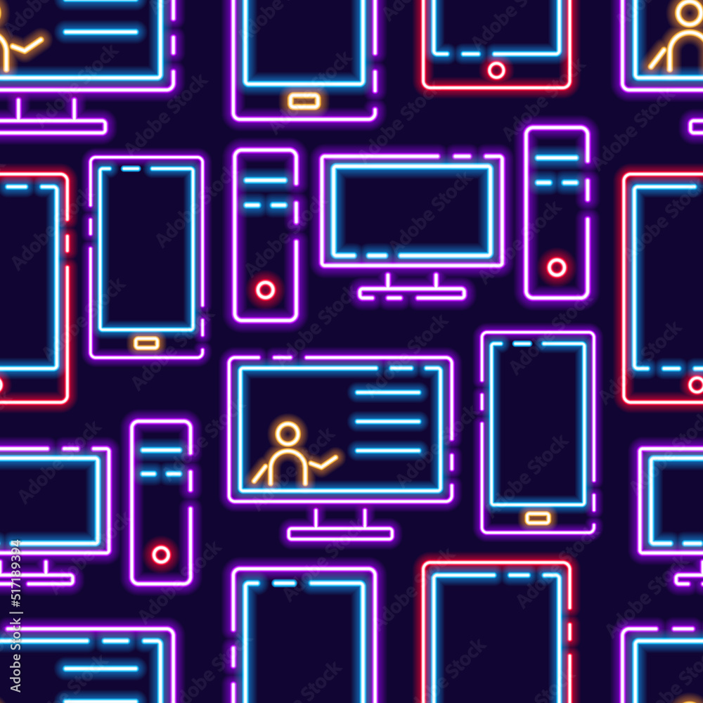 Computer, phone and tablet neon seamless pattern. Vector glowing background with tech and gadgets Computer, phone and tablet neon seamless pattern. Vector glowing background with tech and gadgets