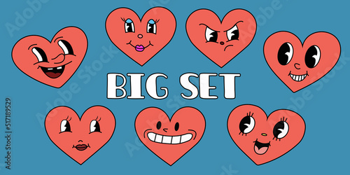 Emoji retro heart collection set. Cute cartoon hearts. Vector illustration in flat style.