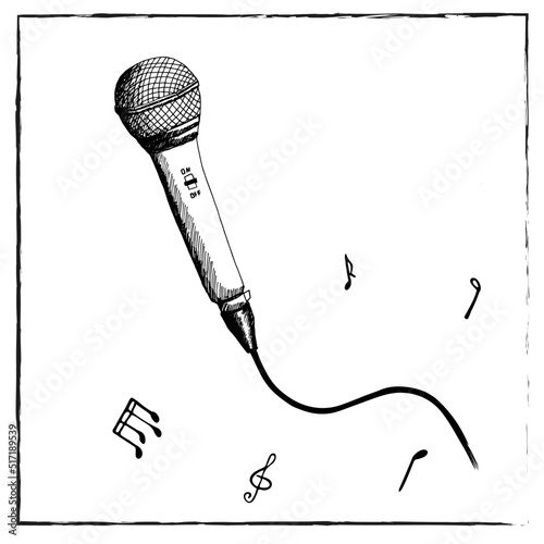 Hand-drawn microphone with cord connection. Pencil graphic illustration. Vector. Editable.  