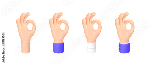 Ok Sign. Okey - Hand Gesture. Set of 3d Cartoon Character Hand with different sleeves. Icon for Apps, Web, T-shirts, Advertising, Posters etc. isolated on white. Vector