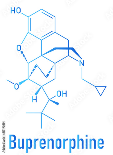 Skeletal formula of Buprenorphine opioid addiction and pain killer drug molecule. photo