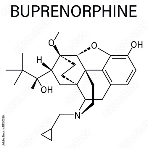 Skeletal formula of Buprenorphine opioid addiction and pain killer drug molecule.