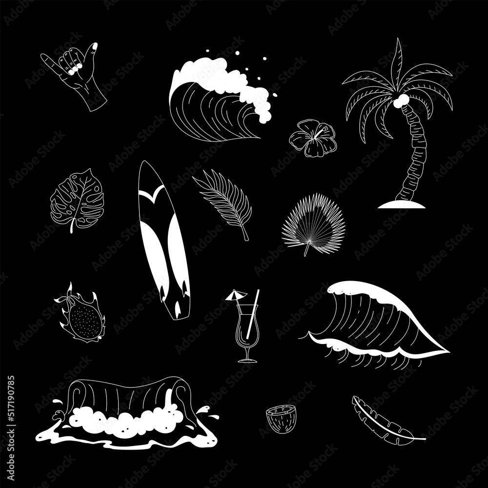 A set of hand drawn surfing elements. Waves, surfboard, palm trees, tropical leaves and more. Flat vector illustration.