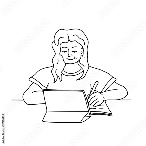 The girl does her homework on the video as a lesson. Online learning vector stock illustration. The concept of online learning at home, distance learning.