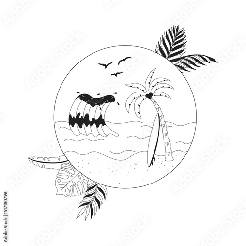 Badge with sea, palm tree and surfboard in a circle. Outline vector illustration. The concept of surfing.