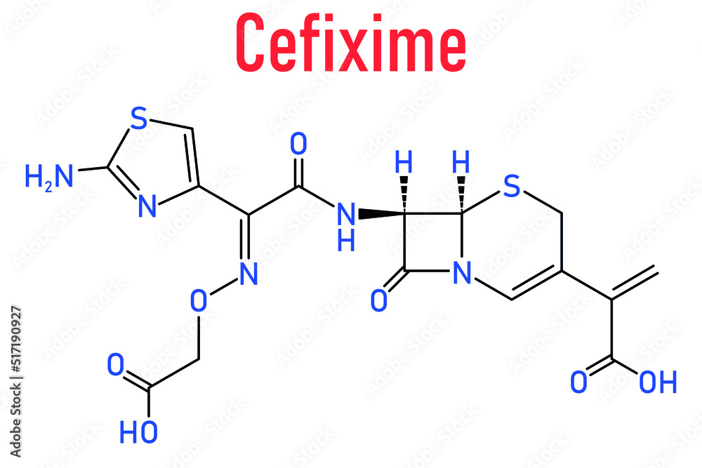 Skeletal formula of Cefixime antibiotic drug molecule. Skeletal formula of Cefixime antibiotic drug molecule.
