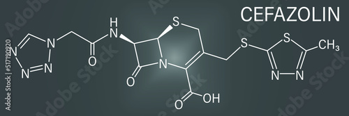 Skeletal formula of Cefazolin antibiotic drug molecule. First-generation cephalosporin antibiotic used for the treatment of a number of bacterial infections.