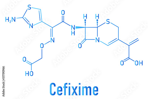 Skeletal formula of Cefixime antibiotic drug molecule.