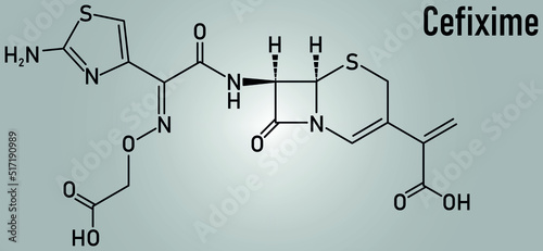 Skeletal formula of Cefixime antibiotic drug molecule.