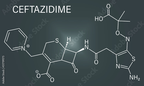 Skeletal formula of Ceftazidime cephalosporin antibiotic drug molecule.